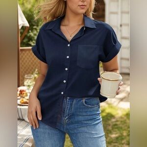 SHEIN Curve Blue Button Down Top Size 1XL White Buttons Classic Casual